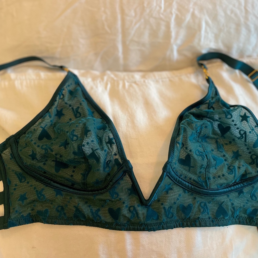 Victoria’s Secret velvet flocked bralette and matching panty green medium NWT